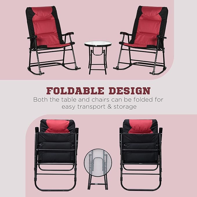 Outsunny 3 Piece Outdoor Patio Furniture Set with Glass Coffee Table &amp 2 Folding Padded Rocking Chairs Bistro Style for Porch Camping Balcony Red