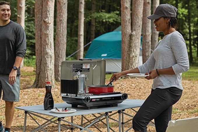 Coleman Tabletop 2-in-1 Grill &amp Stove with 2 Adjustable Burners Propane Grill/Stove with Push-Button Starter Wind Guards Grease Tray &amp 20000 BTUs of Power for Camping Tailgating &amp M
