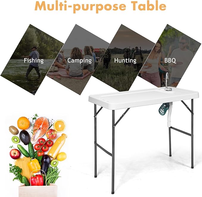 Fish Cleaning Table with Sink Portable Camping Table w/Flexible Faucet Drainage Hose Hook Up Outdoor Fish Cleaning Station for Garden Backyard Kitchen