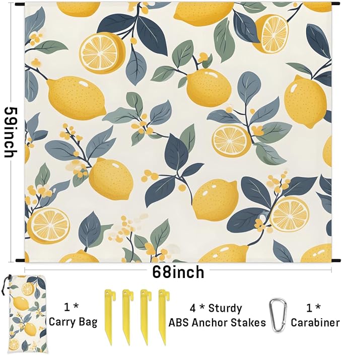 Waterproof Sandproof Beach Blanket 59''×68'' Lemon Flower Polyester Outdoor Picnic Blanket with 4 Stakes &amp Storage Bag for BeachCampingVacation Fruit
