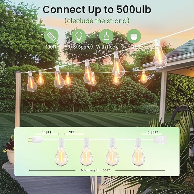 Outdoor String Lights 100FT LED Patio String Light String Lights for Outside with 53 LED Bulbs (3 Spare) White Outdoor Light for Yard Gazebo Pergola Porch Balcony White Cord