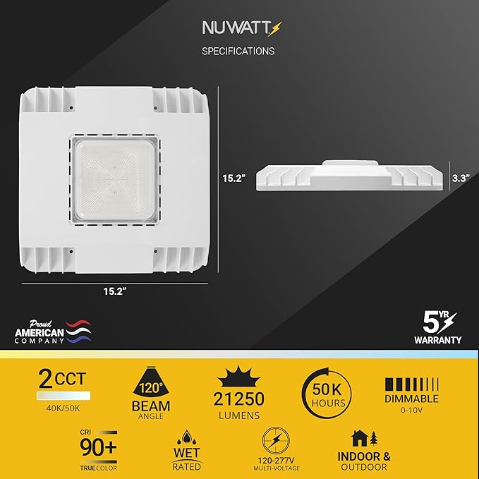 NUWATT 150W Waterproof LED Canopy Lights for Gas Station 4000K/5000K Selectable 21250LM Dimmable 120-277V IP67 Rated Indoor &amp Outdoor LED Parking Garage Lighting or Light for Carport