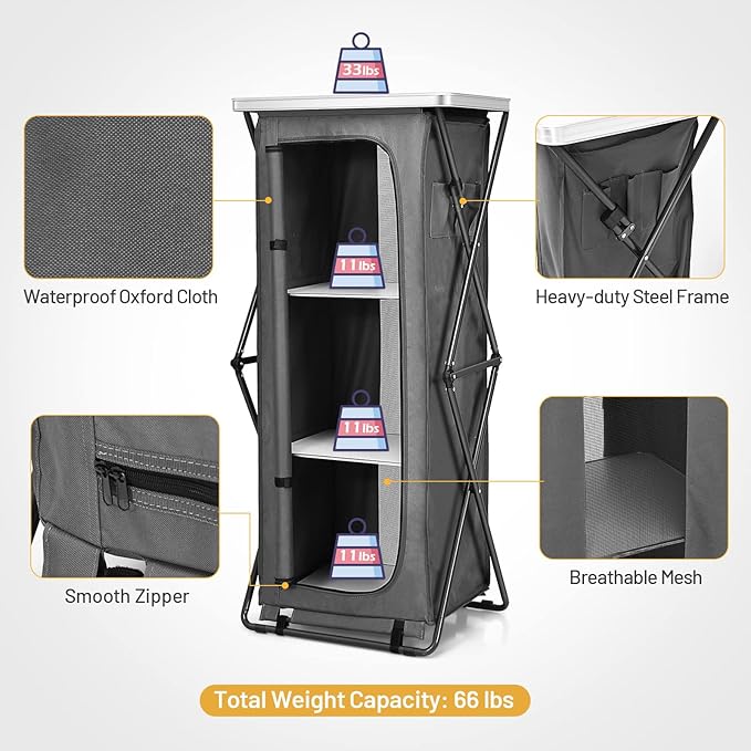 Giantex Folding Camping Storage Cabinet with 3 Shelves and Carry Bag Portable Outdoor Organizer Kitchen Table Quick Set-up for BBQ Picnic Backyard Compact Pop-Up Cupboard 55''H