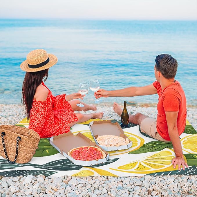 Waterproof Sandproof Beach Blanket 59''×68'' Lemon Slices Polyester Outdoor Picnic Blanket with 4 Stakes &amp Storage Bag for BeachCampingVacation Forsythia Yellow