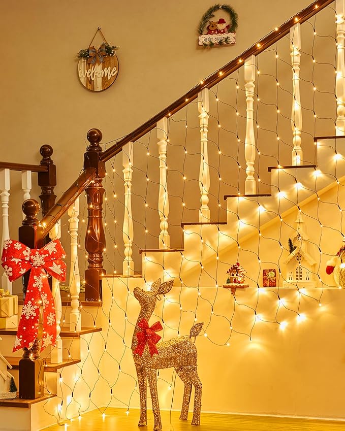 Brightown 2 Pack 12 x 5FT 360 LED Christmas Net Lights Outdoor Mesh Lights Waterproof IP65 12 Modes Connectable Extendable Mesh Net Christmas Light Outdoor for Bush Tree Yard Garden Warm White