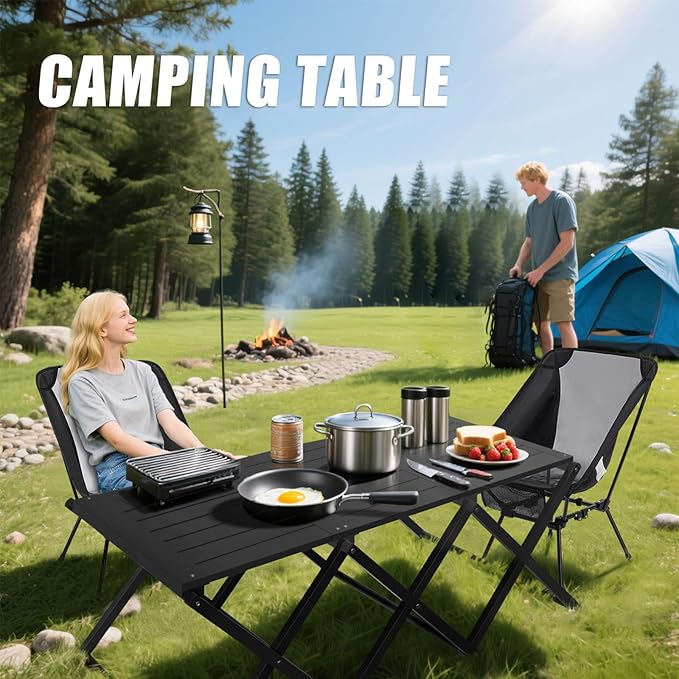 Camping Table and Chairs Set 2-in-1 Aluminum Folding Table with 3-Tier Storage Rack Heavy Duty Portable Camp Kitchen for Outdoor Camping Hiking Beach