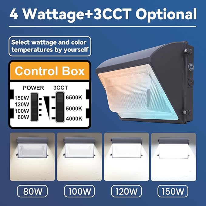 150W LED Wall Pack Light with Photocell 4Pack 4000/5000/6500K 3CCT 80/100/120/150W Selectable LED Security Flood Commercial Outdoor Wall Lights for Parking Lot Barn Warehouses 100-277V ETL Listed