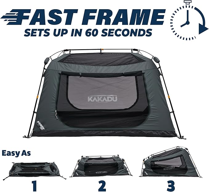 Kakadu Fast Frame Tent 3P 3 Person Camping Tent 1-Minute Setup Fast Frame Twin Hub Design w/Pre-Attached Poles Stargazing-Ready Weatherproof w/Awning Poles and Carry Bag