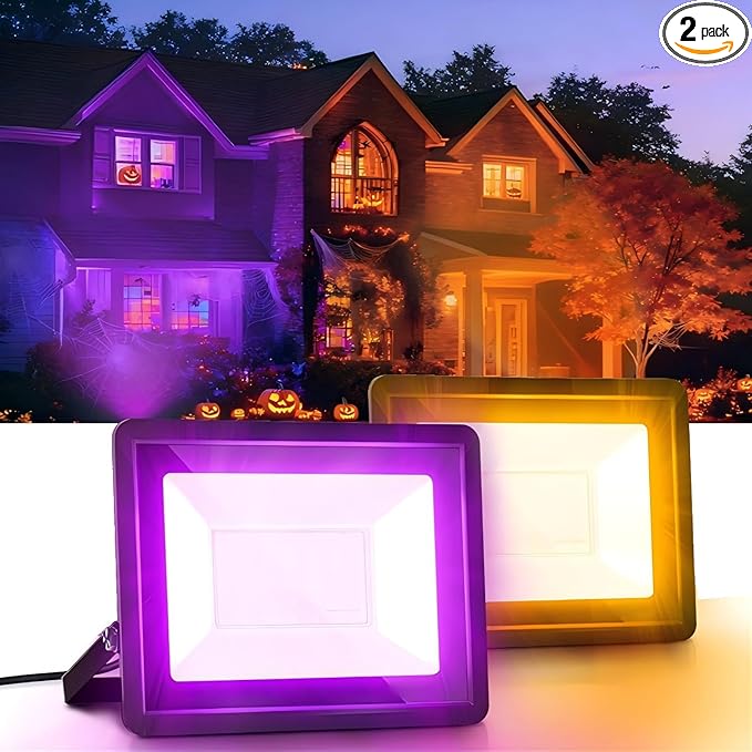 L LOHAS LED Orange and Purple Christmas Halloween Flood Light Outdoor 2 Pack 𝑨𝒖𝒕𝒐 𝑶𝑵/𝑶𝑭𝑭 50W Plug in Flood Light IP66 Waterproof 2300lm Outdoor Flood Lights for Yard Party UL Listed