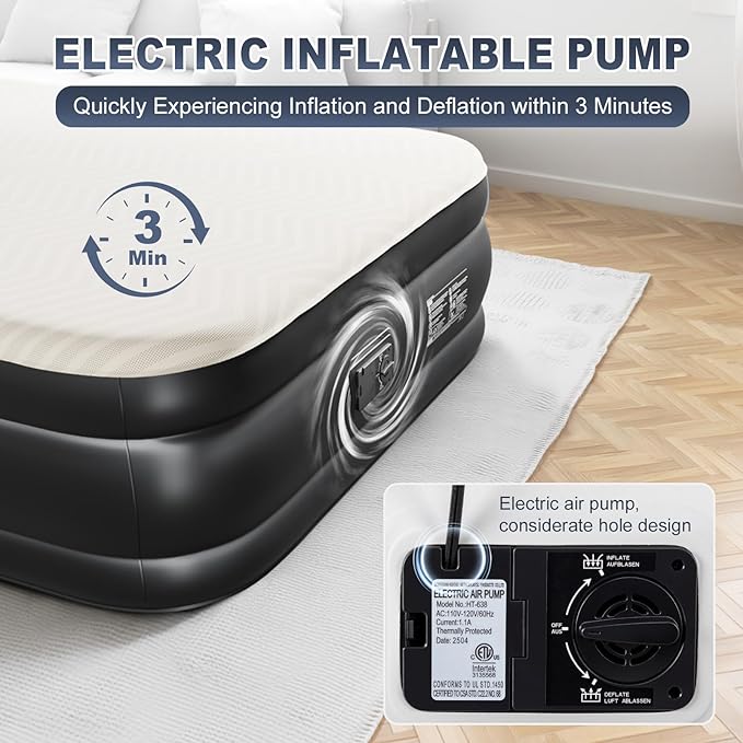Outvita 18in Queen Air Mattress with Built-in Pump Foam Topper Inflatable Air Bed Quick Assembly Comfort Luxury Blow Up Sleeping Mat for Guests and Home Camping Travel 650lbs Weight Capacity
