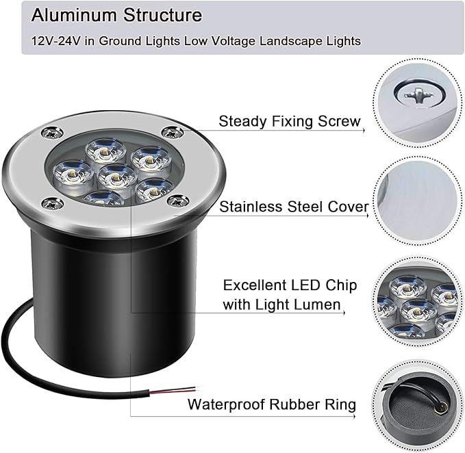 Low Voltage Landscape Light LED In-Ground Lighting with Connectors Well Lights Bright White Waterproof IP67 6W 12V 24V Outdoor Pathway Lights for YardLawnPatioWalkway(Cool White)