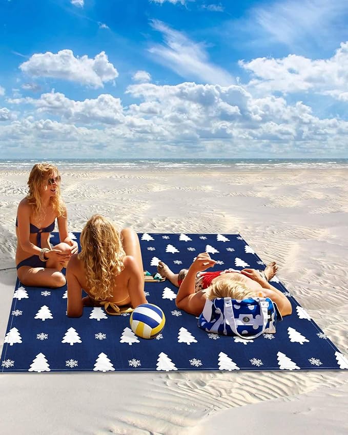 Beach Blanket Waterproof Sandproof Oversized Abstract Christmas Trees Beach Mat with Corner Stakes Sand Pockets Xmas Snowflakes on Blue Outdoor Picnic Mat for Travel Camping Hiking 95x80In