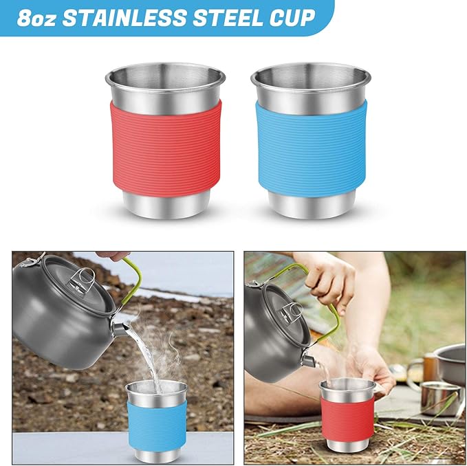 Odoland 16pcs Camping Cookware Mess Kit with Folding Camping Stove Non-Stick Lightweight Pots Pan Set with Stainless Steel Cups Plates Forks Knives Spoons for Camping Backpacking Outdoor Cooking
