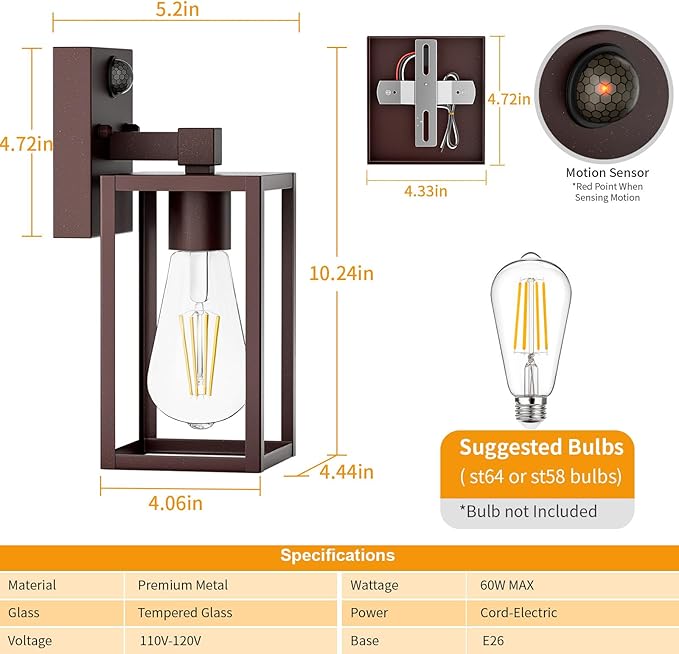 2 Pack Motion Sensor Outdoor Light Fixtures Wall Mount Oil Rubbed Bronze Front Porch Lights Dusk to Dawn Exterior Wall Sconce Waterproof Lantern LampOutside Coach Light for HouseGarageYard