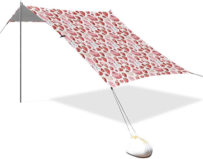 ALAZA Strawberry Ice Cream Beach Tent Sun Shelter UPF50+ Protection Beach Shade Canopy w/ 4 Sandbags for Outdoor Camping Fishing Backyard Fun Picnic 10x9 ft