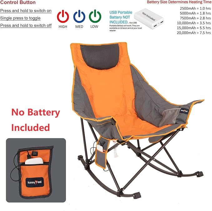 SUNNYFEEL Oversized Heated Rocking Camping Chair 2 Pack Fully Padded Patio Chair with Side Pocket High Back Portable Lawn Recliner with Carry Bag Outdoor Rocker Chair for Adults Heavy Duty 500 LBS