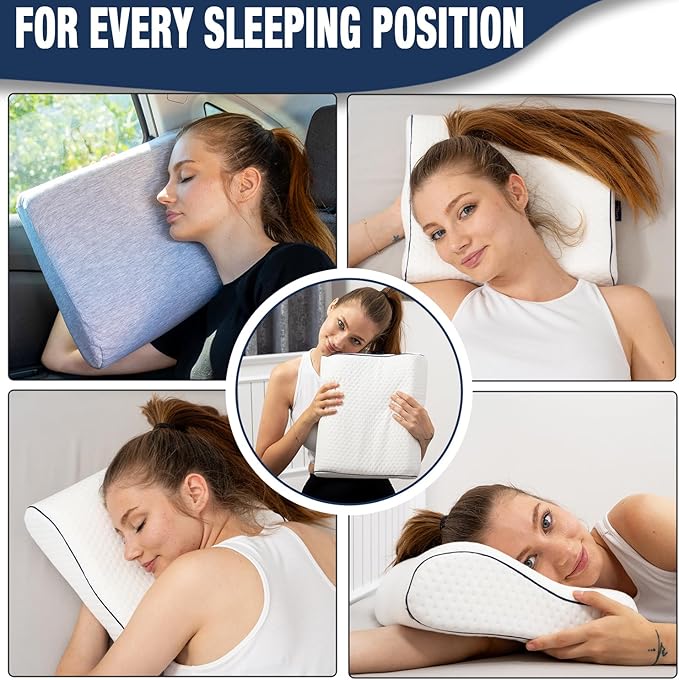alkamto Travel &amp Camping Comfortable Memory Foam Pillow – Easy to Carry Portable Bag – Temperature Regulating Pillow Case (White Contour + Extra Cover)