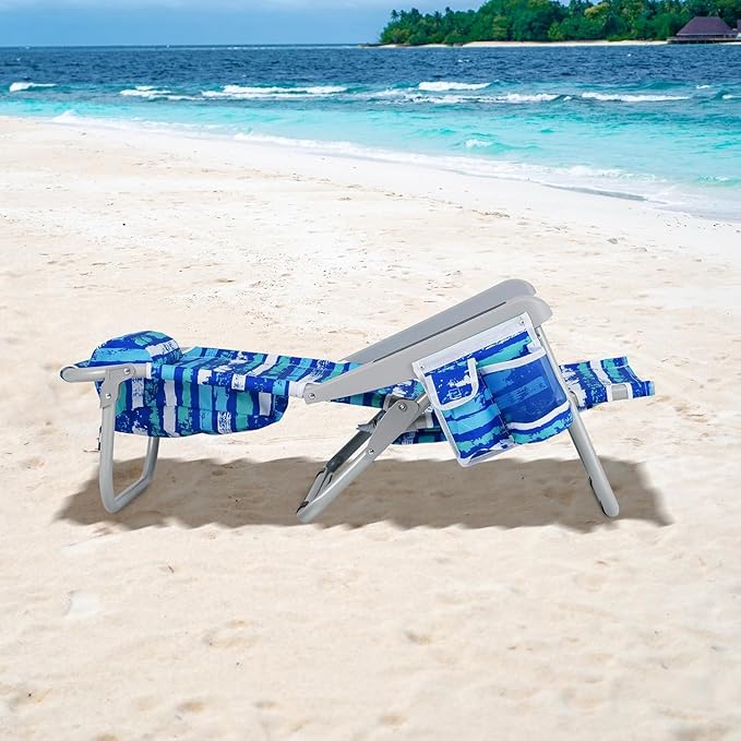 COSTWAY Backpack Beach Chair Foldable Camping Chair with 5 Adjustable Position Cup Holder Storage Pockets Straps Towel Rack Pillow for Patio Outdoor (Blue Stripe2)