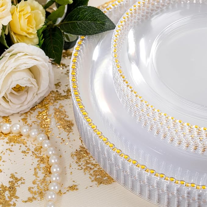 Rubtlamp 60Pcs Clear Gold Plastic Plates Clear Disposable Plates With Gold Beaded Heavyduty Plastic Plates Include 30 Dessert Platos 30 Dinner Platos for Wedding Party