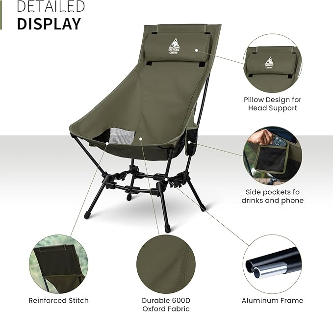 ONETIGRIS Dragonhide Oversized Camping Chair with Pillow Design Comfortable Widened Seat Folding 275 lbs Capacity