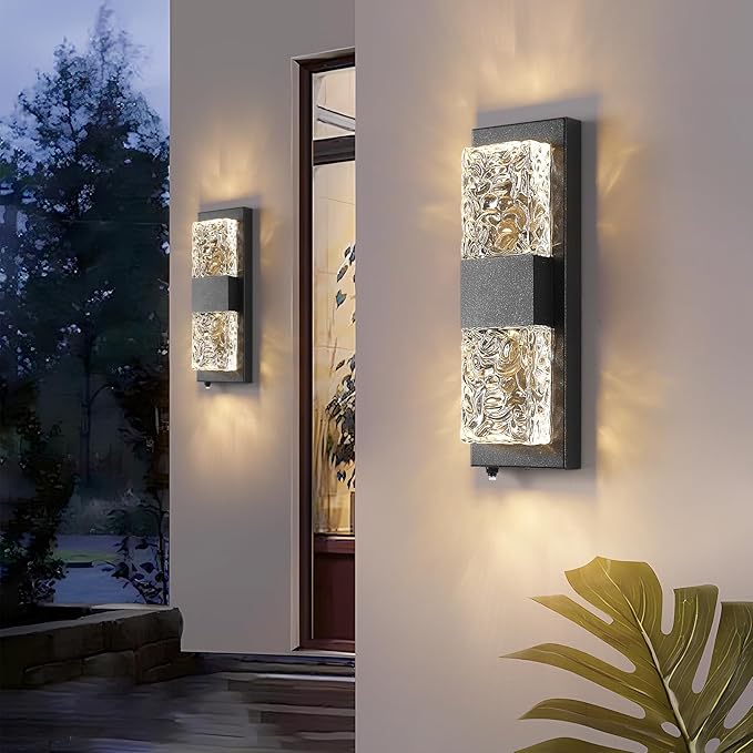 HITTO Dusk to Dawn Outdoor LightingPorch Lights Outdoor IP65 Waterproof Exterior Lighting Fixtures 12W LED Ripple Crystal Modern Outside Light for House Hallway Doorway Patio14.2'' Black 2PCS