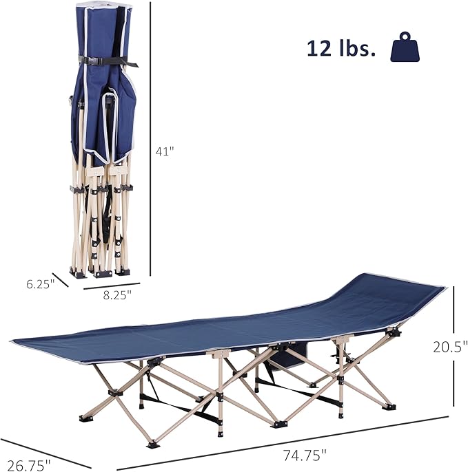 Outsunny Folding Camping Cot for Adults with Carry Bag Side Pocket Outdoor Portable Sleeping Bed for Travel Camp Vacation 330 lbs. Capacity Blue