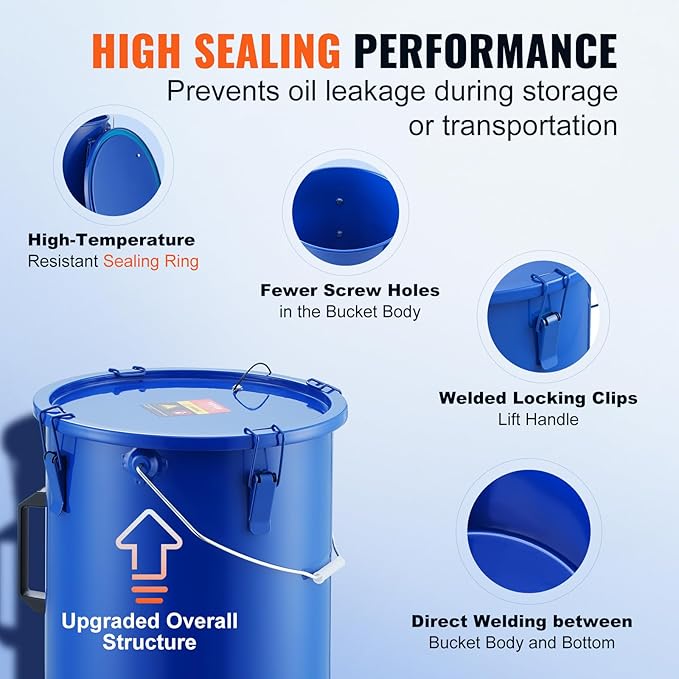 VEVOR Fryer Grease Bucket - 6 Gal Carbon Steel Oil Disposal Caddy with Rust-Proof Coating Transport Container with Lid Lock Clips Filter Bag for Hot Cooking Oil Filtering