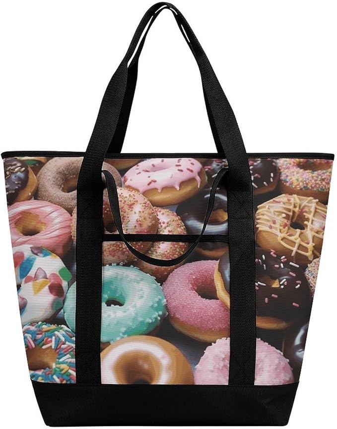 Insulated Shopping BagLarge Reusable Cooler Bags Donuts Printed Foldable Shopping BagTravel Waterproof Shoulder Bag