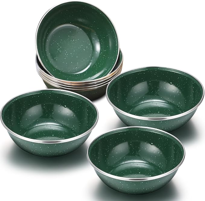 Sawysine 8 Pcs 6 Inch Enamel Bowl for Camping and Backpacking Enamelware Mixing Bowls Camping Cookware for Outdoor Cooking Picnic Snacks Home Farmhouse(Green)