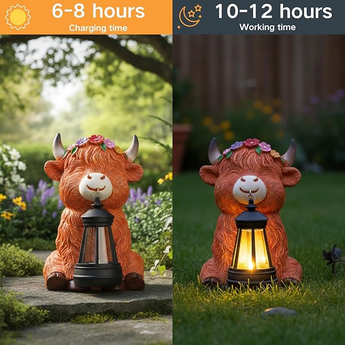 Garden Statues Highland Cow with Solar Lantern Outdoor Highland Cow Figurines Decorations for Patio Yard Lawn Ornaments Gifts for Mom/Grandma Birthday Housewarming