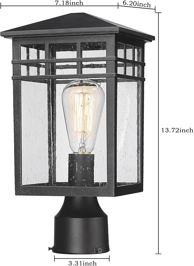 Outdoor Post Light Fixture Modern Exterior Pillar Lantern with Black Finish &amp Seeded Glass Pole Light for Garden Backyard Courtyard Patio Porch RZ009-P BK