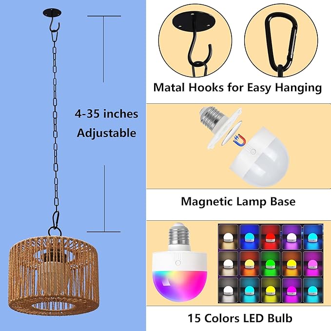 Battery Operated Chandelier Rechargeable Outdoor Pendant Light Cordless with RGB LED Bulb Boho Hanging Lights with Remote for Gazebo Porch Patio Pergola Indoor DecorSet of 2