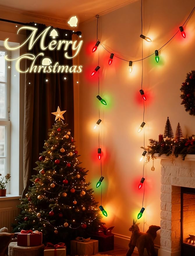 C7 LED Red White and Green Christmas Lights 26Ft Vintage Outdoor Christmas String Lights with 27 LED Colored Bulbs Connectable Hanging Xmas Decorations Lights for Roofline House Garden Patio Party