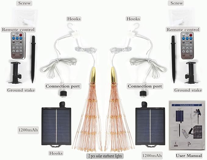 2 Pack Starburst Sphere Lights with Remote Control200 LED Firework Light 8 Modes Dimmable Waterproof Copper Wire Hanging Fairy Light for Patio Parties Christmas (Solar Powered)