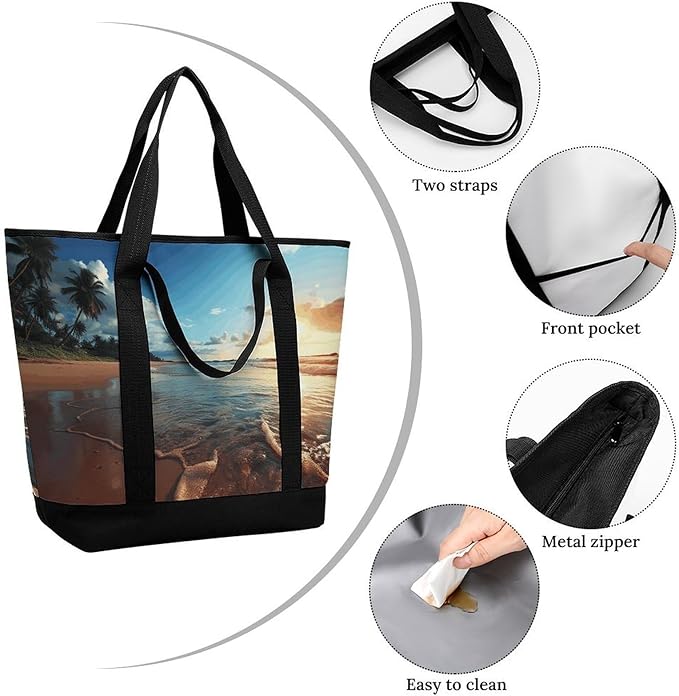 Insulated Shopping BagLarge Reusable Cooler Bags Beach Sunset Tranquil Printed Foldable Shopping BagTravel Waterproof Shoulder Bag