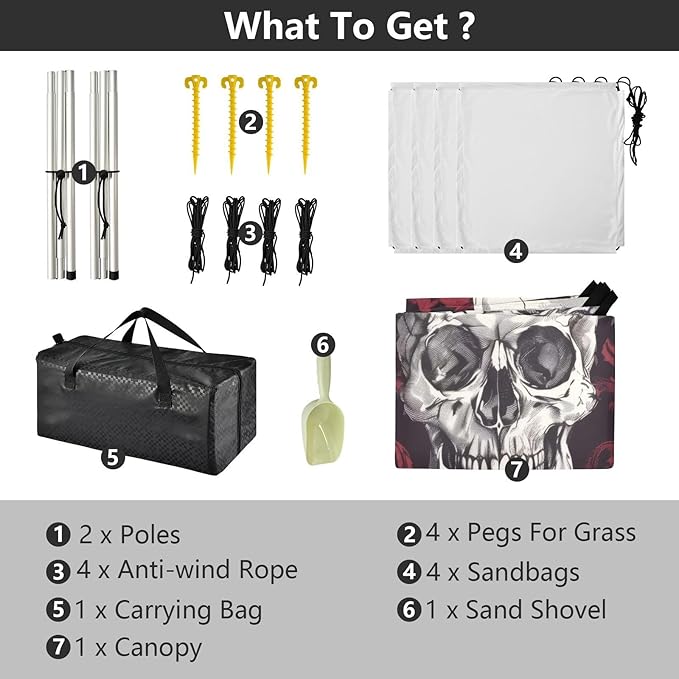 Skull Pattern Beach Tent Sun Shelter 9.2' x 10.5' Beach Canopy with 4 Sandbags 4 Stability Poles Sand Shovels - Tent Canopy for Beach Camping Fishing Picnics