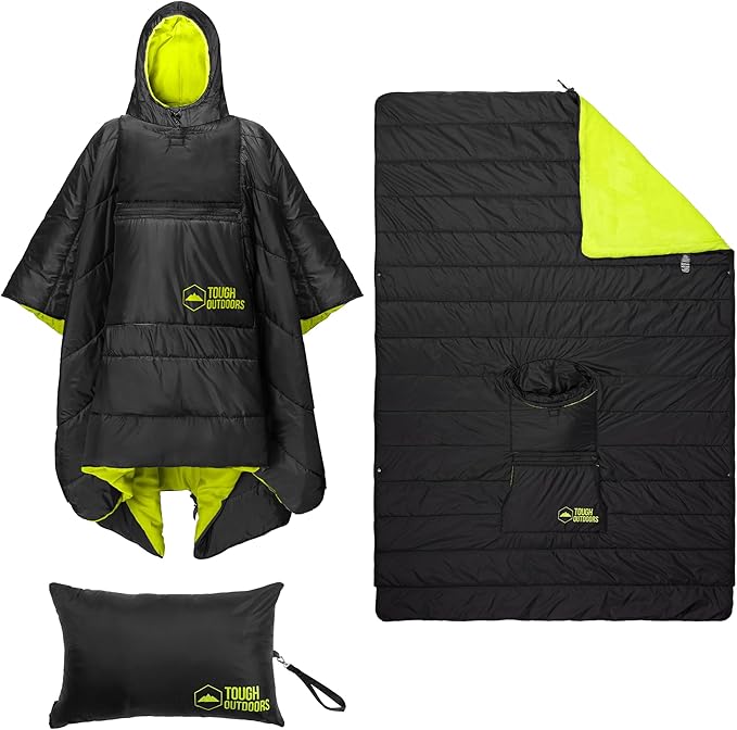 Tough Outdoors 5 in 1 Camping Poncho - Packable Blanket - Wearable Sleeping Bag Adult - Sleeping Bag Poncho - Waterproof