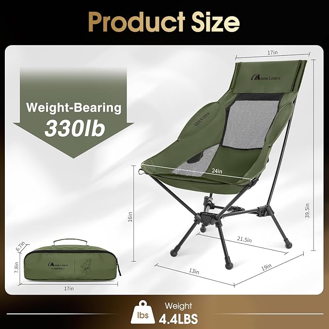 MOON LENCE High Back Folding Camping Chair 330lbs Portable Compact Chair with Wide Seat &amp Ergonomic Back Support (Green)