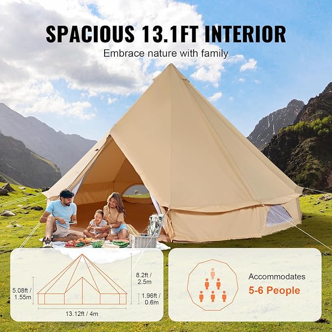 VEVOR Canvas Tent Bell Yurt 4 Seasons for Camping with Stove Jack Breathable Holds up to 4 People Family Camping Outdoor Hunting Party