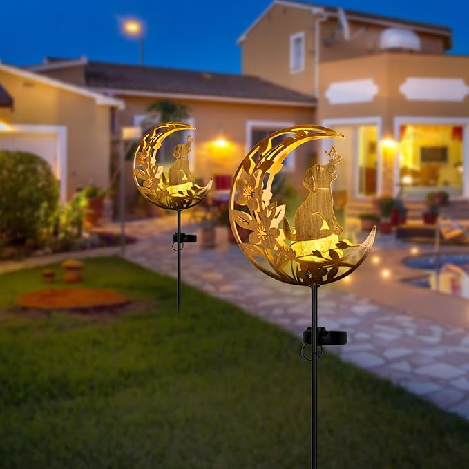 Lights Outdoor Decor Dog - Moon &amp Bird SolaGardenLights Waterproof Auto On/Off Pathway Lighting for Yard/Lawn/Patio Handcrafted Metal Solar-Stake-Lights for Outside Decorations