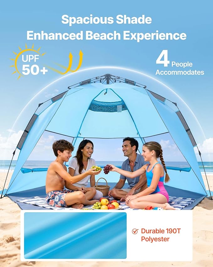 VEVOR Beach Tent Sun Shelter for 4 Person Pop Up Beach Tent UPF 50+ Portable Sun Shade Beach with Carrying Bag and Sand Pockets Easy Setup Umbrella for Camping Fishing Outdoor Picnic