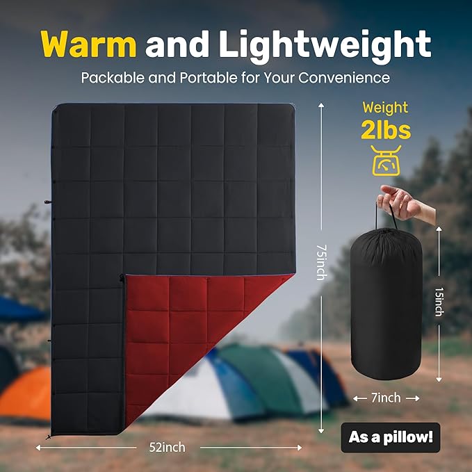 UNIKOME Waterproof Puffy Camping Blanket - Lightweight Packable Outdoor Quilt with Snaps &amp Corner Loops Warm Compact Blanket for Cold Weather Hiking Picnic Stadium Travel 75×52 Black&ampRed