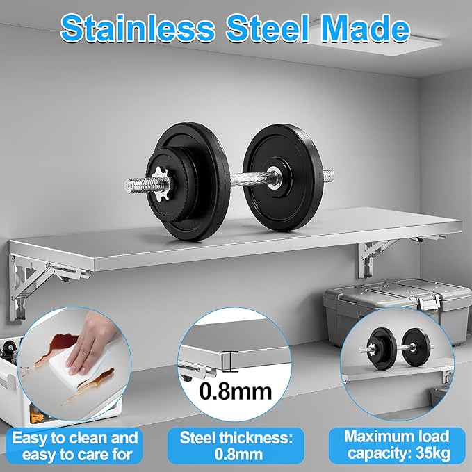 36-Inch Stainless Steel Folding Concession Shelf Wall-Mounted Floating Shelf with 35Kg Load Capacity Commercial Serving Shelf for Kitchen Restaurant Food Truck
