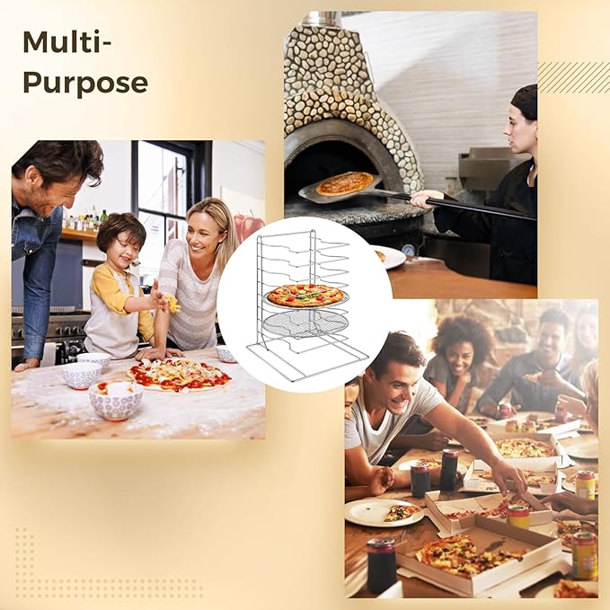 8 Tier Pizza Rack With 8 Perforated 12 Inch Perforated Pizza Pans with Holes 16.7'' H x 12'' L x 12'' W Stainless Steel Pizza Pan Rack Holder for Buffet Table Easy Storage Multiple Pizzas (8 Tier)