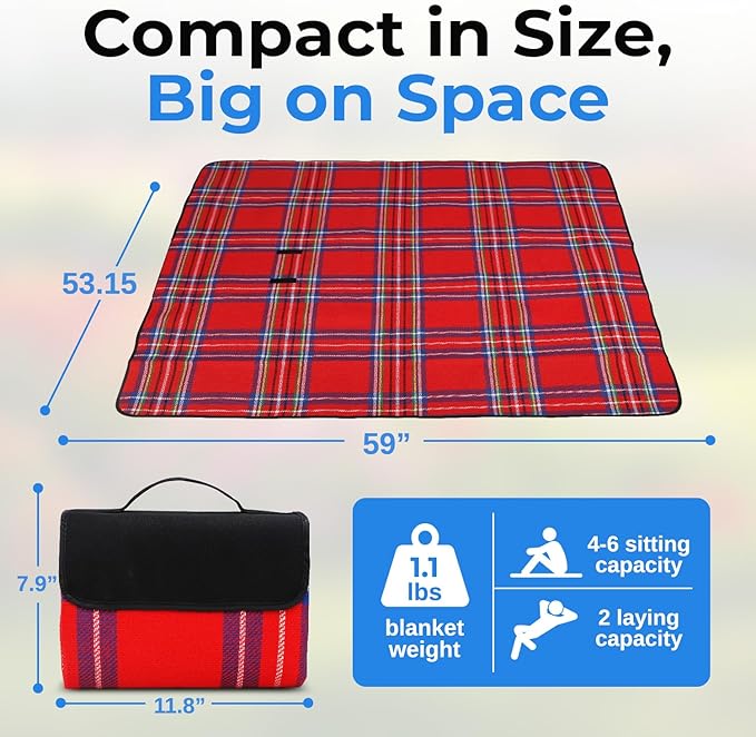 scuddles Extra Large Picnic Blanket – 59 x 53 Waterproof &amp Sandproof Outdoor Mat with Soft 3-Layer Comfort Foldable Design &amp Carry Strap for Beach Camping Travel Parks &amp Family Picni