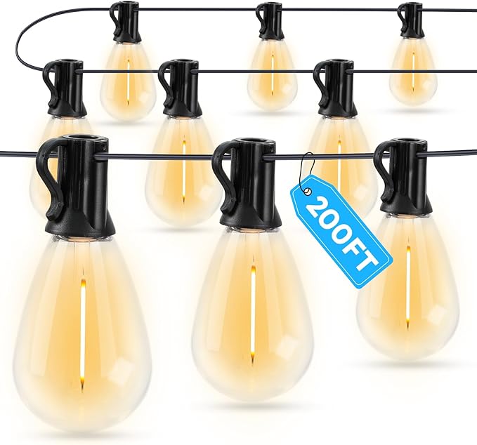 LED Outdoor String Lights 200FT Waterproof Patio Lights with 62 Shatterproof S11 Plastic Bulbs 2700K Warm White Edison Hanging Lights for Backyard Garden Porch Bistro