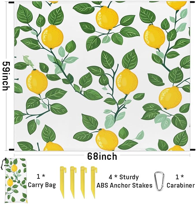 Waterproof Sandproof Beach Blanket 59''×68'' Fruiting Branches Polyester Outdoor Picnic Blanket with 4 Stakes &amp Storage Bag for BeachCampingVacation White