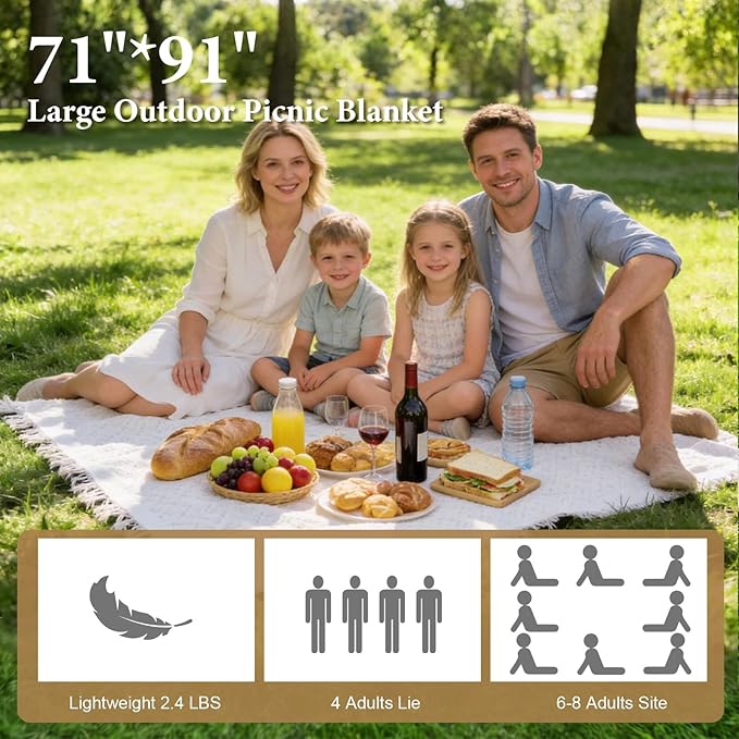 91 x 71 Inch Large White Picnic Blanket Outdoor Picnic Blanket with Fringe Soft Cotton Woven Blanket Picnic Lightweight Foldable Blanket Picnic for Beach Park Camping (White Diamond Pattern)