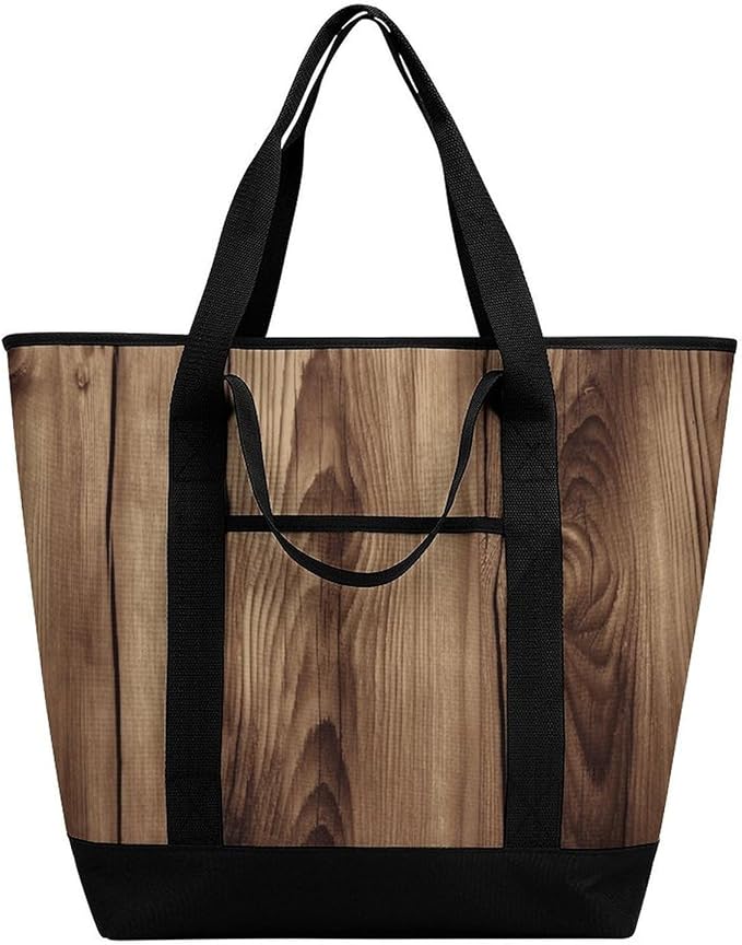 Insulated Shopping BagLarge Reusable Cooler Bags Wood Grain Printed Foldable Shopping BagTravel Waterproof Shoulder Bag
