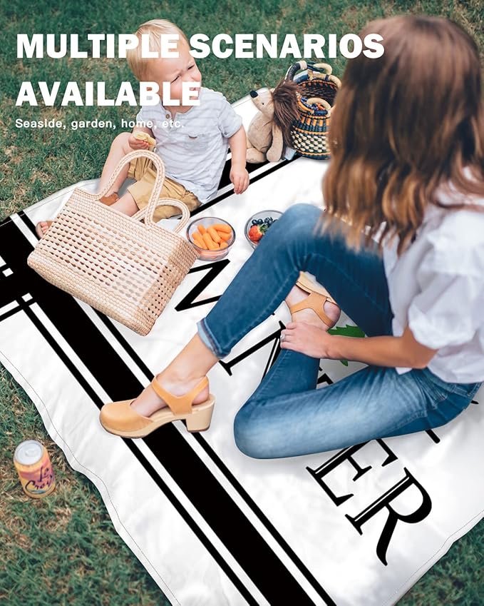 Beach Blanket Waterproof Sandproof Christmas Hello Winter Quotes Quick Drying Beach Mat with 4 Stakes White Black Modern Stripes Lightweight Picnic Blanket for Travel Camping Outdoor 118x108